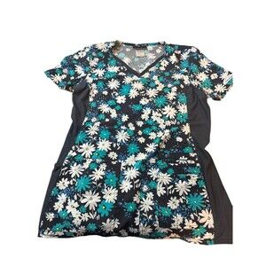 Cherokee medical Scrub Top Size Small -Teal White Floral w/stretch Sides